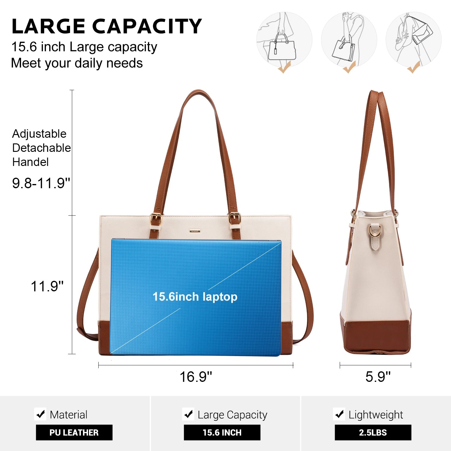 JMT-638218 Stylish PU Leather Laptop Tote for Women - 15.6 Inch Briefcase with USB Port