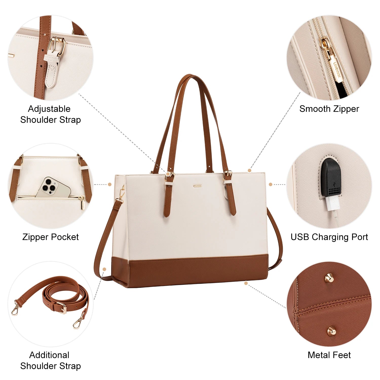 JMT-638218 Stylish PU Leather Laptop Tote for Women - 15.6 Inch Briefcase with USB Port