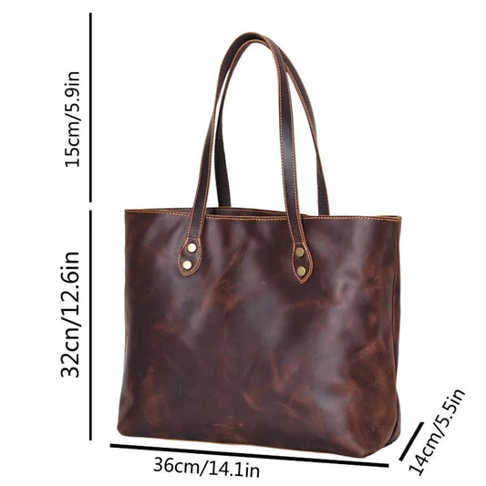 JMT-641482 Custom Logo Genuine Leather Tote Bag for Women - Casual Crazy Horse Shoulder Handbag