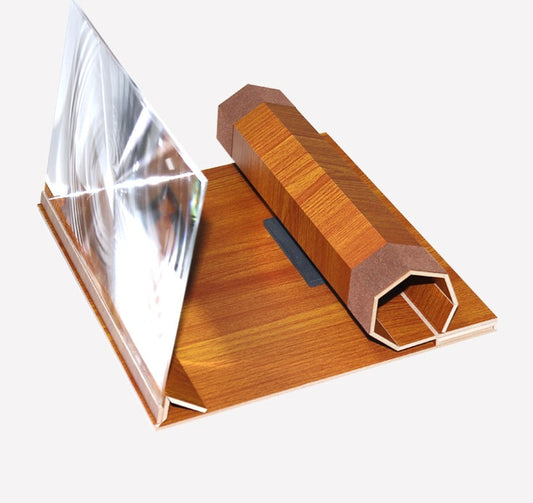 JMT-641802 Portable Mobile Phone Screen Magnifier Stand – Foldable Design in Dark Red Wood Grain, Yellow Wood Grain, and Black Walnut