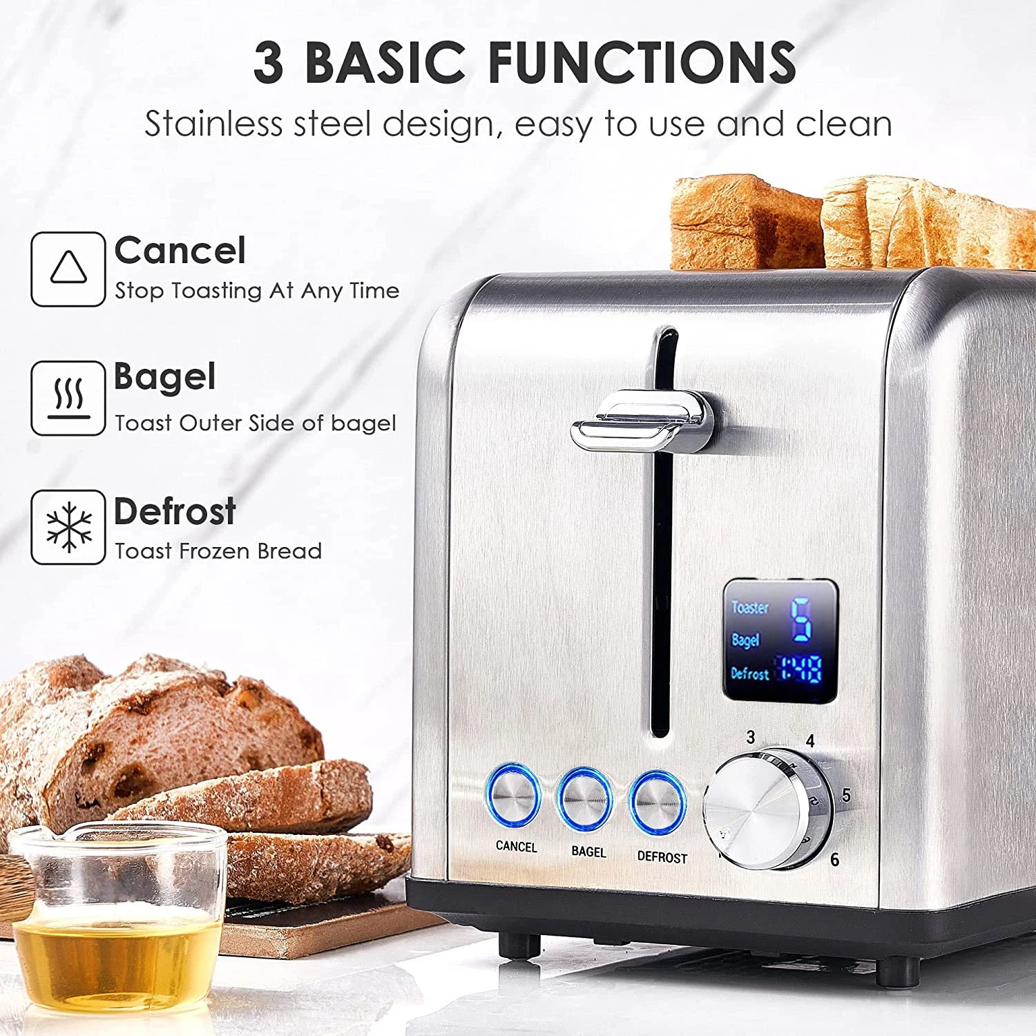 JMT-642890 Stainless Steel 2-Slice Automatic Pop-Up Bread Toaster with LED Display