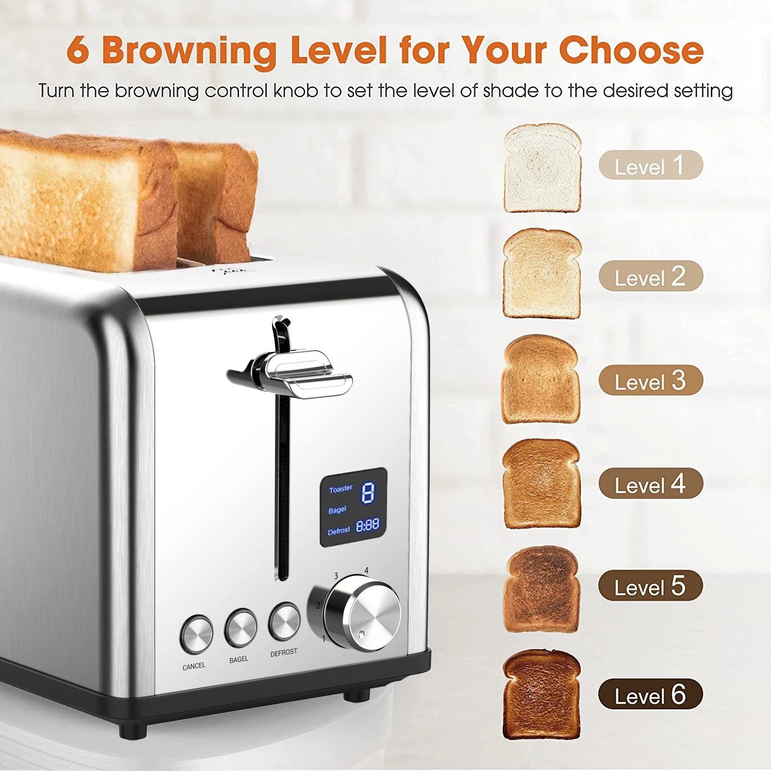 JMT-642890 Stainless Steel 2-Slice Automatic Pop-Up Bread Toaster with LED Display