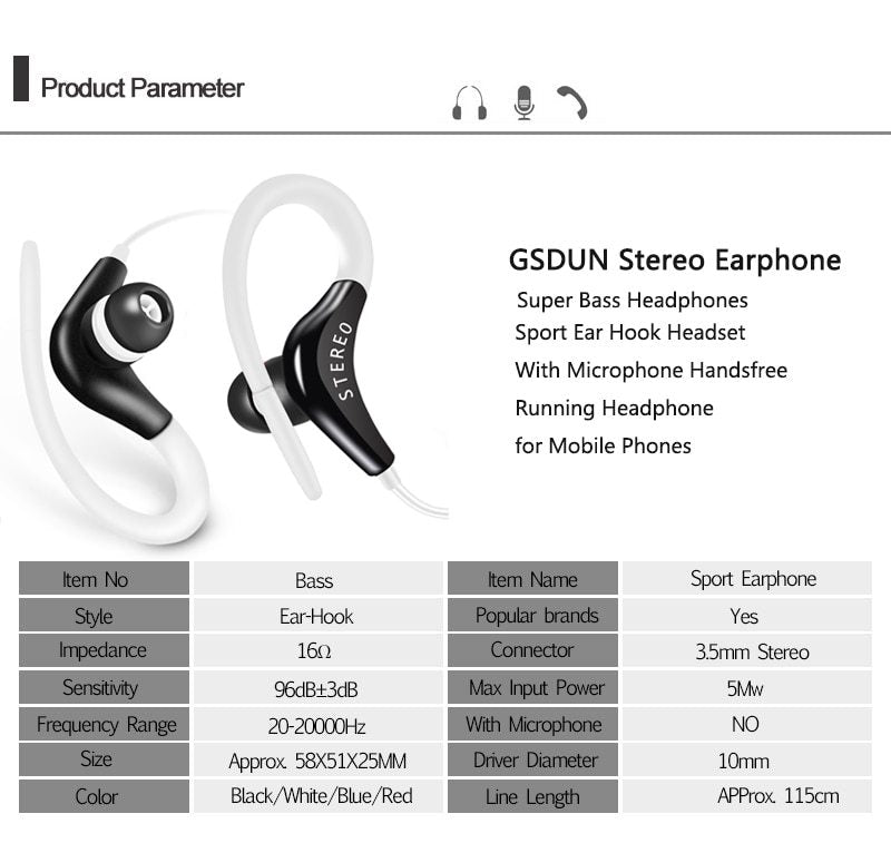 JMT-643594 Super Bass Earhook Headphones with Microphone for Sports and Mobile Devices