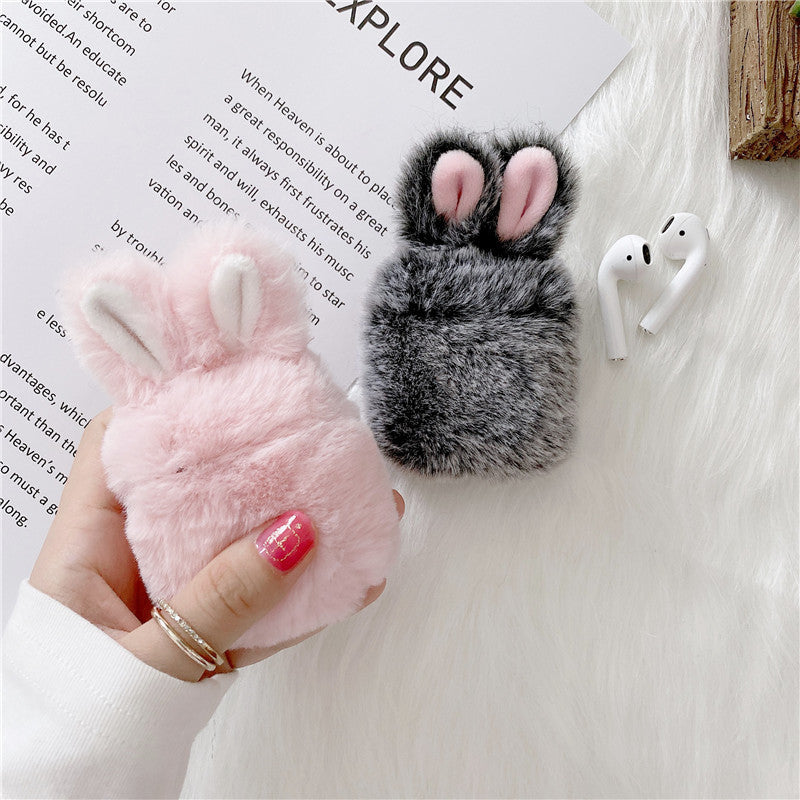 JMT-644746 Cute Pink Rabbit Plush Protective Cover for AirPods Pro and 1/2 Generation - Soft Silicone Shell for Wireless Headset
