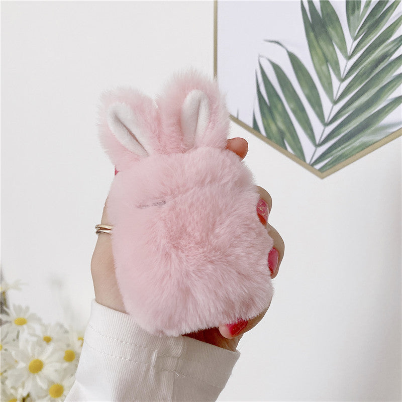 JMT-644746 Cute Pink Rabbit Plush Protective Cover for AirPods Pro and 1/2 Generation - Soft Silicone Shell for Wireless Headset