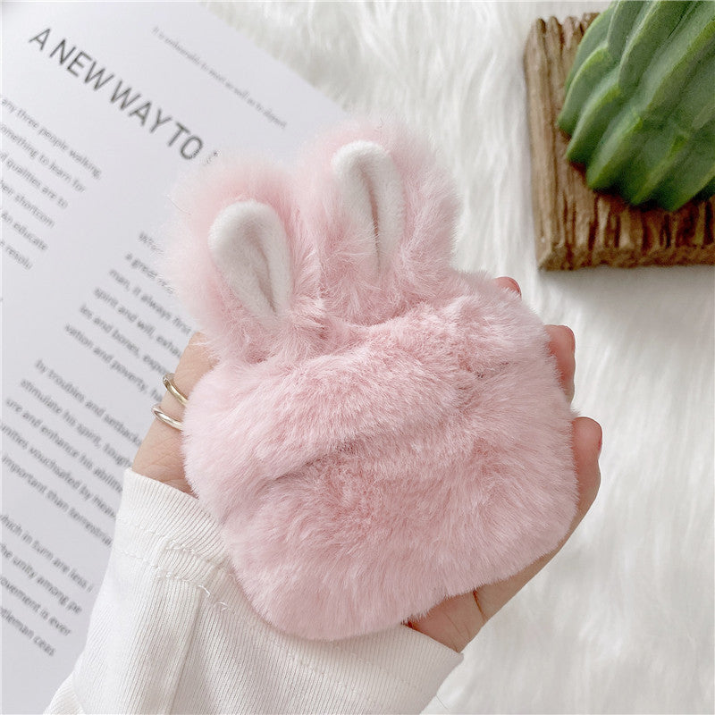 JMT-644746 Cute Pink Rabbit Plush Protective Cover for AirPods Pro and 1/2 Generation - Soft Silicone Shell for Wireless Headset