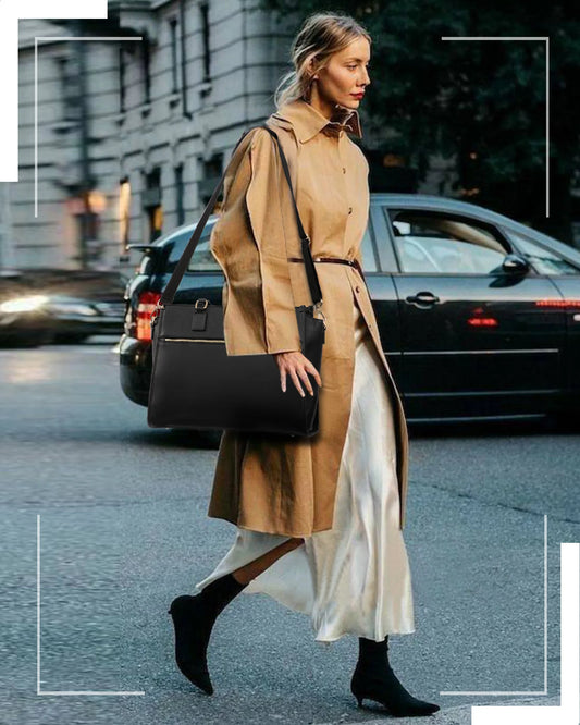 JMT-646218 15.6 Inch Canvas Laptop Tote Bag for Women with Leather Accents Ideal for Office and Business Use