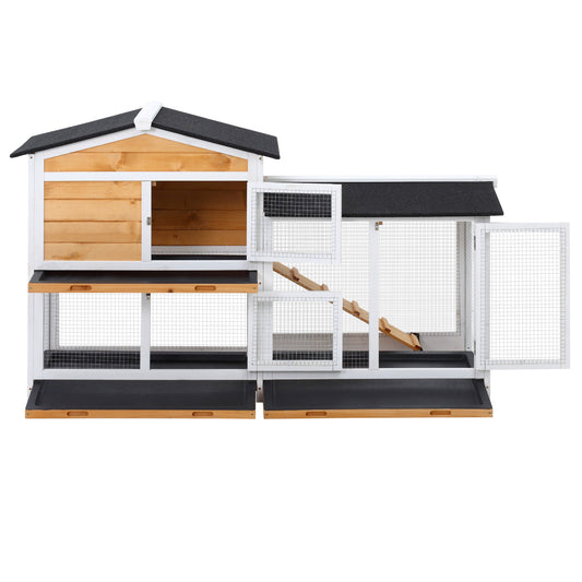 JMT-646410 Two-Story Wooden Rabbit Hutch with Ramp for Indoor and Outdoor Use, Weatherproof Roof and Easy Access Trays