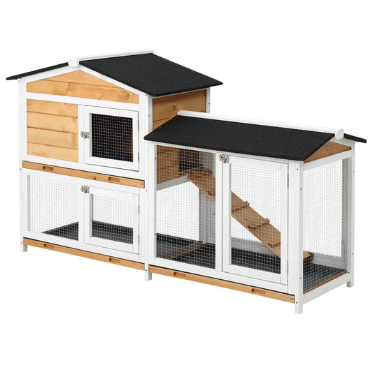 JMT-646410 Two-Story Wooden Rabbit Hutch with Ramp for Indoor and Outdoor Use, Weatherproof Roof and Easy Access Trays