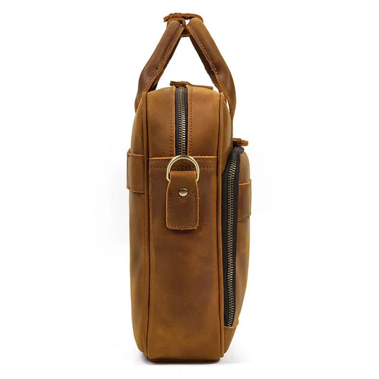 JMT-649098 Retro Crazy Horse Leather Briefcase for 14-Inch Laptops - Waterproof Heavyweight Waxed Canvas Messenger Bag in Brown/Dark Brown