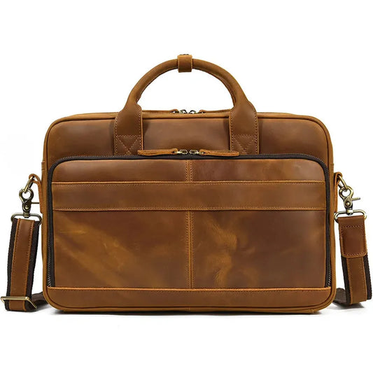 JMT-649098 Retro Crazy Horse Leather Briefcase for 14-Inch Laptops - Waterproof Heavyweight Waxed Canvas Messenger Bag in Brown/Dark Brown