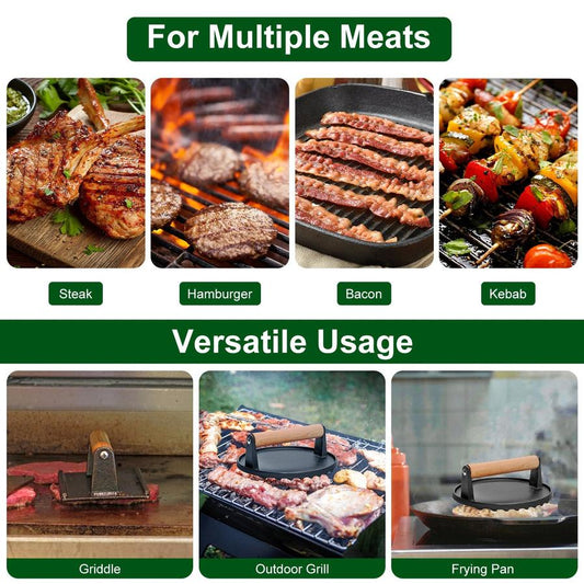JMT-649738 Pre-Seasoned Cast Iron Grill Press Set - Round & Rectangular Steak Weights with Wooden Handles