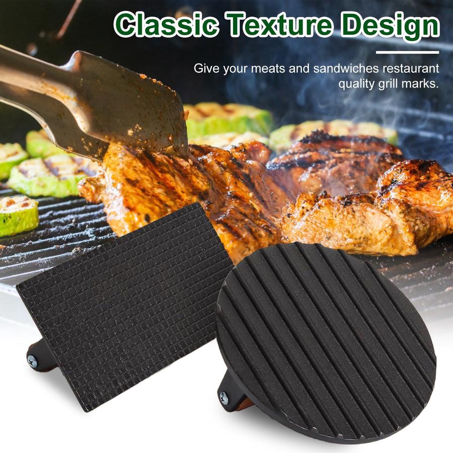 JMT-649738 Pre-Seasoned Cast Iron Grill Press Set - Round & Rectangular Steak Weights with Wooden Handles
