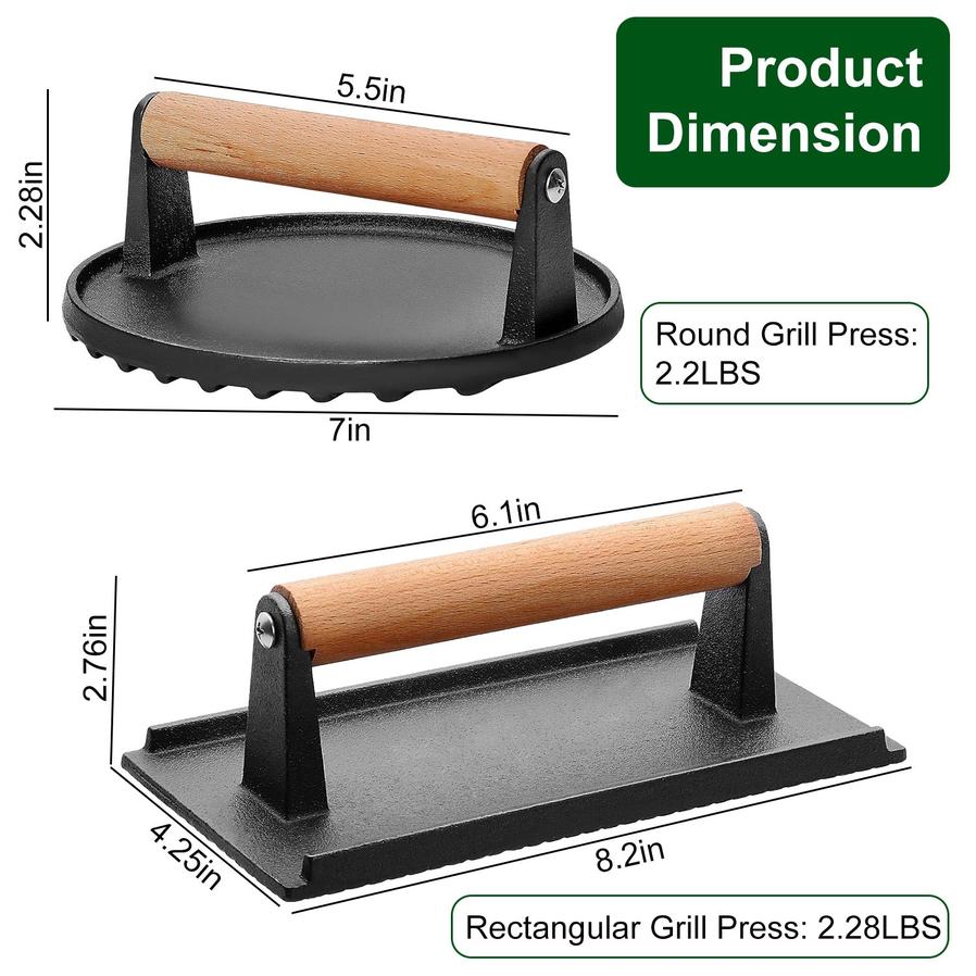 JMT-649738 Pre-Seasoned Cast Iron Grill Press Set - Round & Rectangular Steak Weights with Wooden Handles