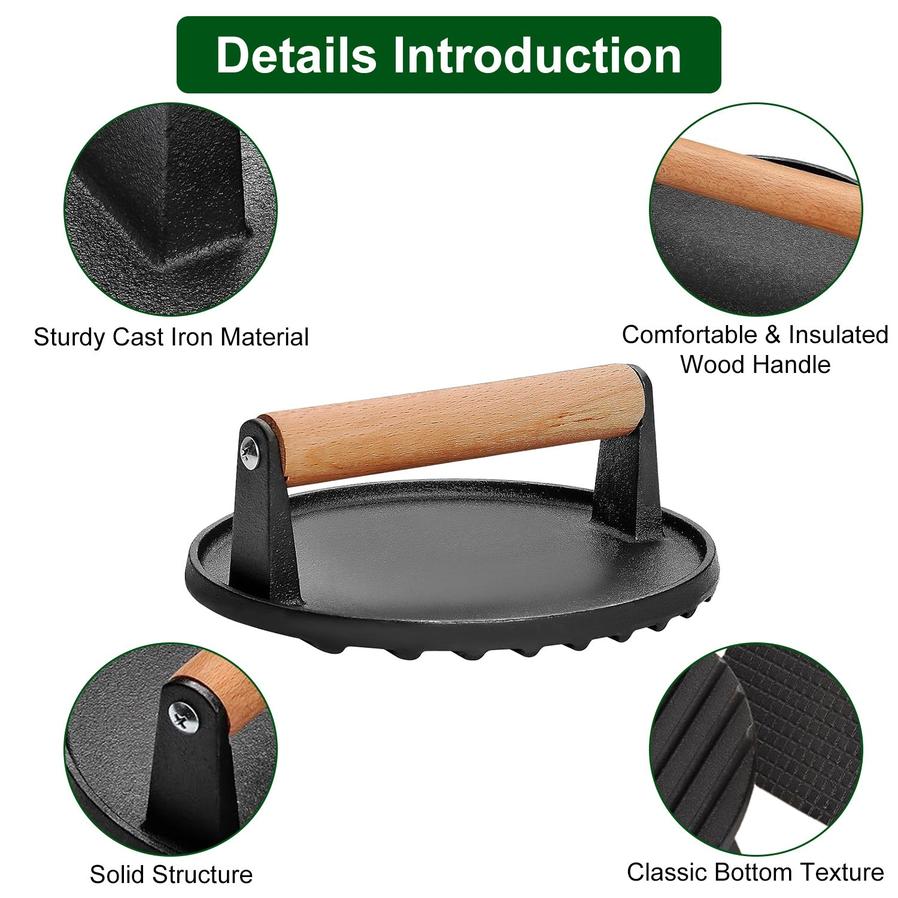 JMT-649738 Pre-Seasoned Cast Iron Grill Press Set - Round & Rectangular Steak Weights with Wooden Handles