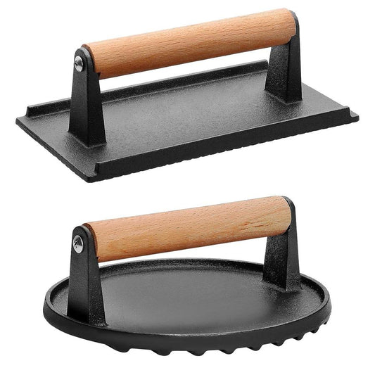 JMT-649738 Pre-Seasoned Cast Iron Grill Press Set - Round & Rectangular Steak Weights with Wooden Handles