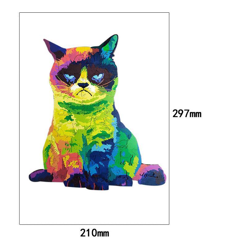 JMT-649866 Wooden Animal Puzzle Set - Irregular Rainbow Cat, Lion, Fox, Owl, Wolf Head - Multiple Sizes for Intelligence Development and Fun