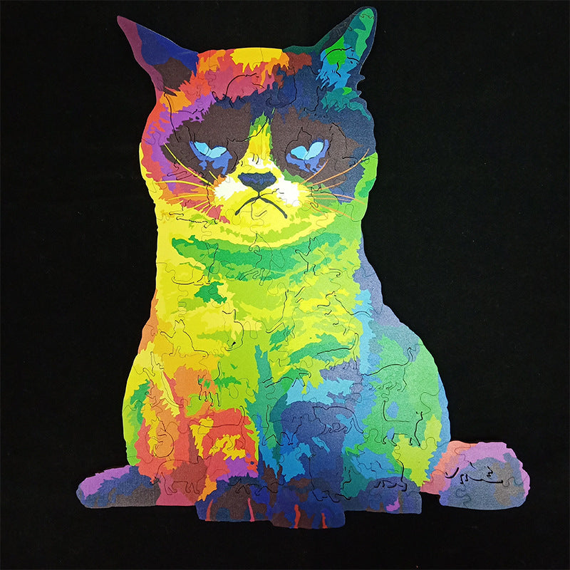 JMT-649866 Wooden Animal Puzzle Set - Irregular Rainbow Cat, Lion, Fox, Owl, Wolf Head - Multiple Sizes for Intelligence Development and Fun