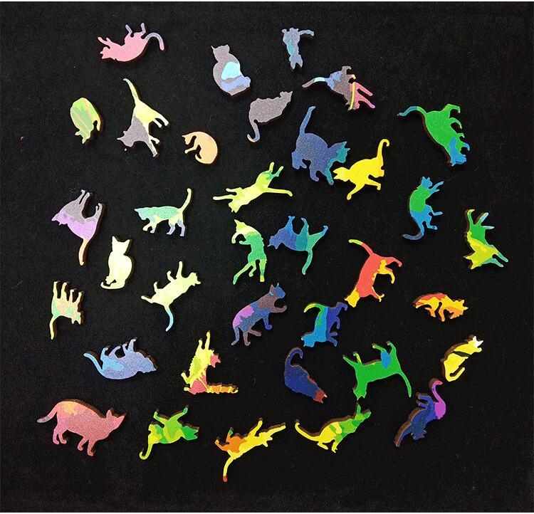 JMT-649866 Wooden Animal Puzzle Set - Irregular Rainbow Cat, Lion, Fox, Owl, Wolf Head - Multiple Sizes for Intelligence Development and Fun