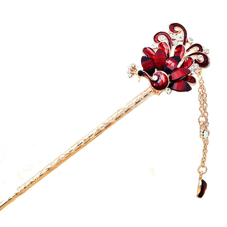 JMT-650378 Alloy Peacock Hairpin with Gemstone Inlay - Exotic Animal Design in Various Colors
