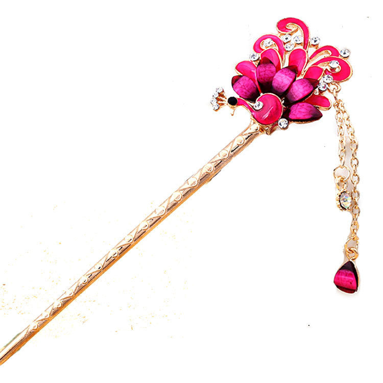 JMT-650378 Alloy Peacock Hairpin with Gemstone Inlay - Exotic Animal Design in Various Colors