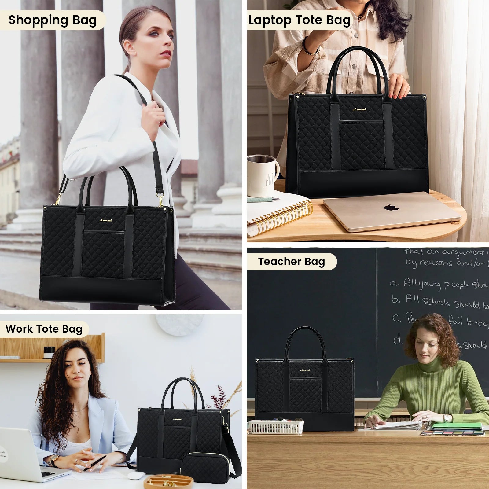 JMT-650826 Waterproof Quilted Work Tote Bag for 15.6 Inch Laptop with Clutch - Lightweight Computer Travel Shoulder Purse