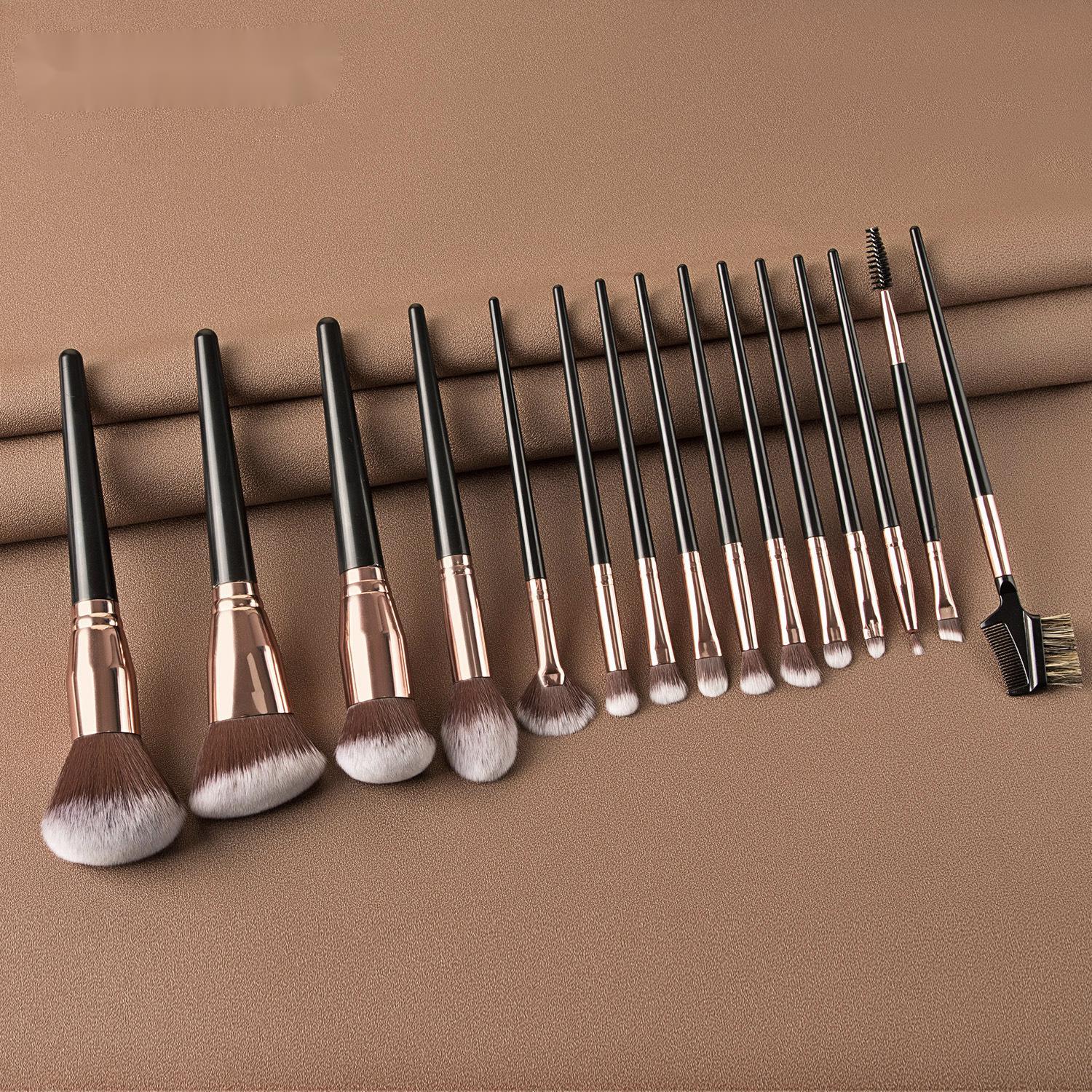 JMT-651274 15-Piece Makeup Brush Set with Eye Shadow Brushes in Brown and Black Handles