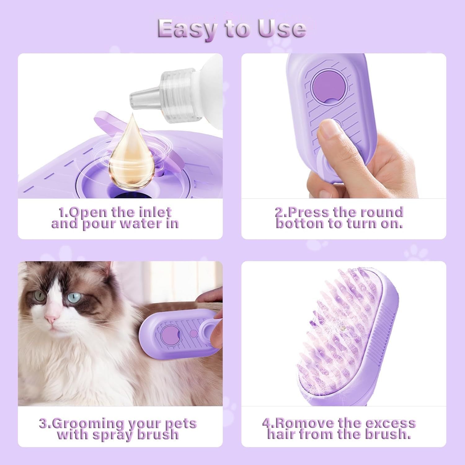 JMT-651978 3-in-1 Cat Steam Brush with Foldable Handle for Pet Grooming, Cleaning, and Massage - Ideal for Cats and Dogs