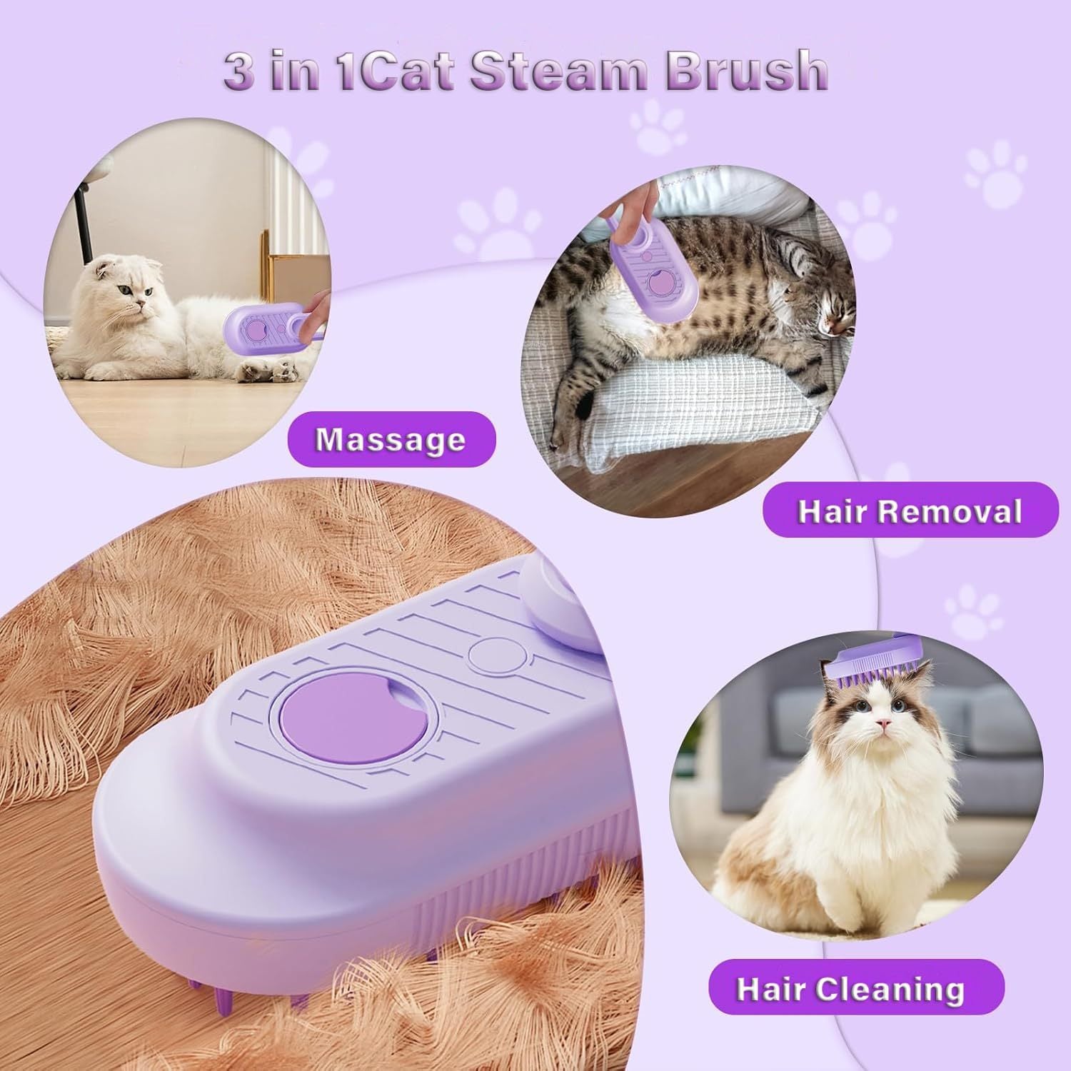 JMT-651978 3-in-1 Cat Steam Brush with Foldable Handle for Pet Grooming, Cleaning, and Massage - Ideal for Cats and Dogs