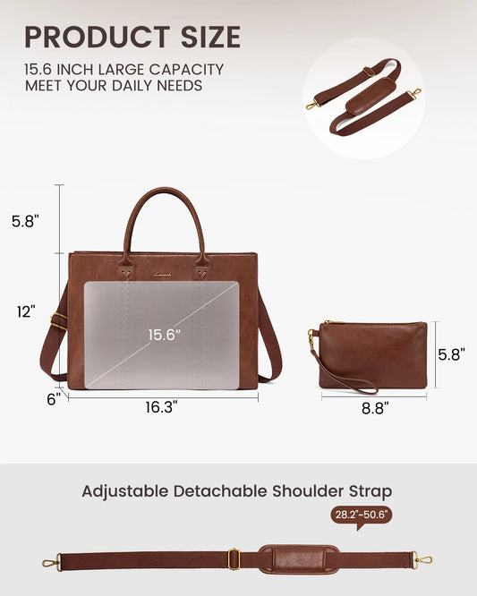 JMT-651978 Vintage Leather Laptop Tote Bag for 15.6-inch Laptops - Waterproof Business Briefcase for Women