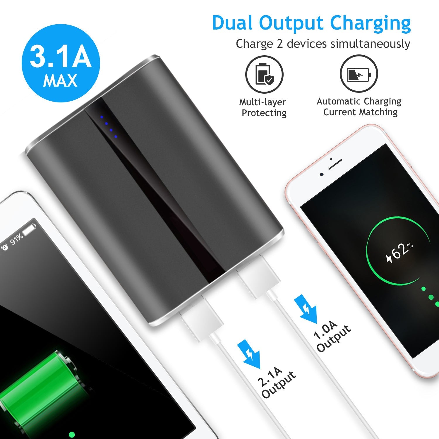JMT-652170 12000mAh Portable Power Bank with Dual USB Output, Fast Charging, Compact Design, Built-in Flashlight