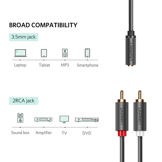 JMT-652170 Audio Cable 3.5mm Female to 2 RCA Male with Gold-Plated Connectors, 25cm Length, Tinned Copper Conductor