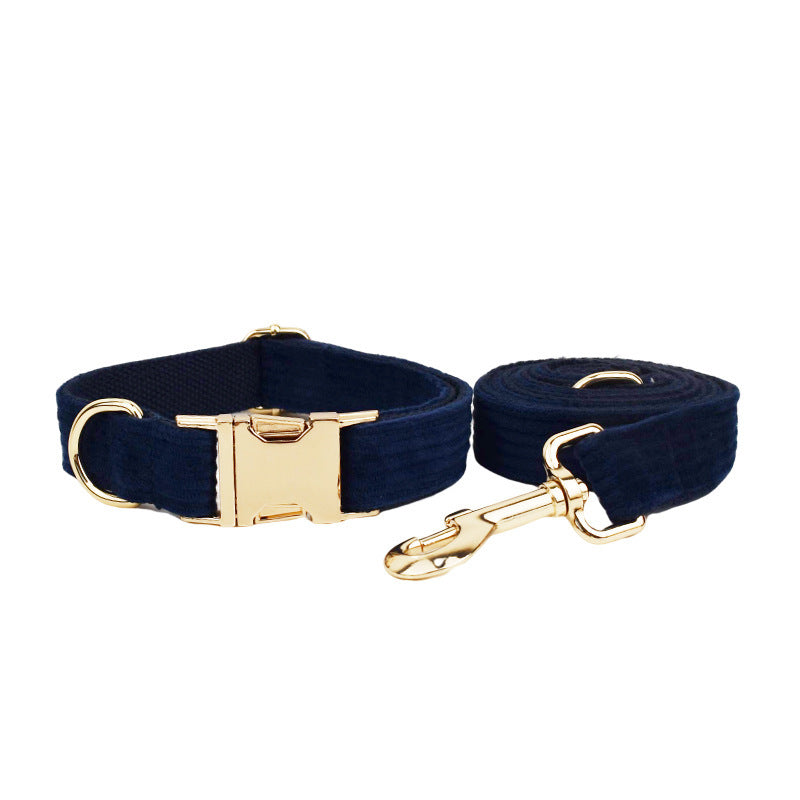 JMT-652490 Navy Blue Corduroy Five-Piece Pet Collar and Leash Set with Bow and Vest