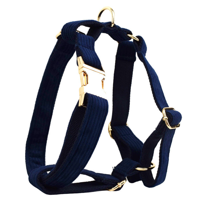 JMT-652490 Navy Blue Corduroy Five-Piece Pet Collar and Leash Set with Bow and Vest