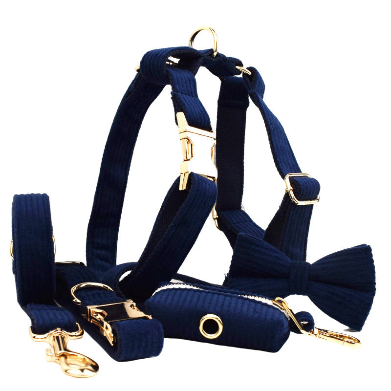 JMT-652490 Navy Blue Corduroy Five-Piece Pet Collar and Leash Set with Bow and Vest