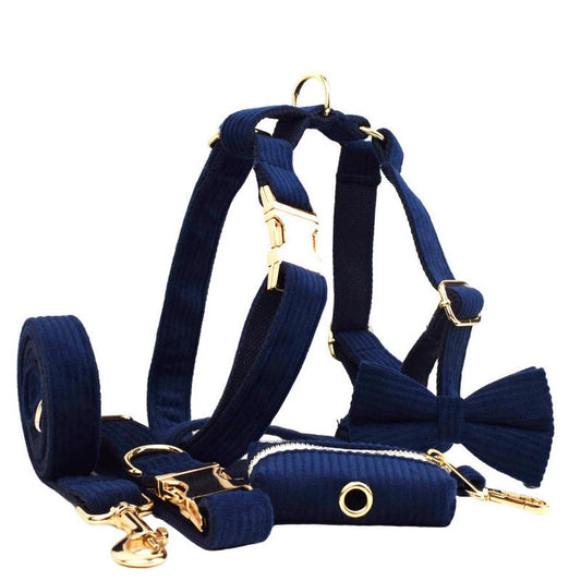 JMT-652490 Navy Blue Corduroy Five-Piece Pet Collar and Leash Set with Bow and Vest