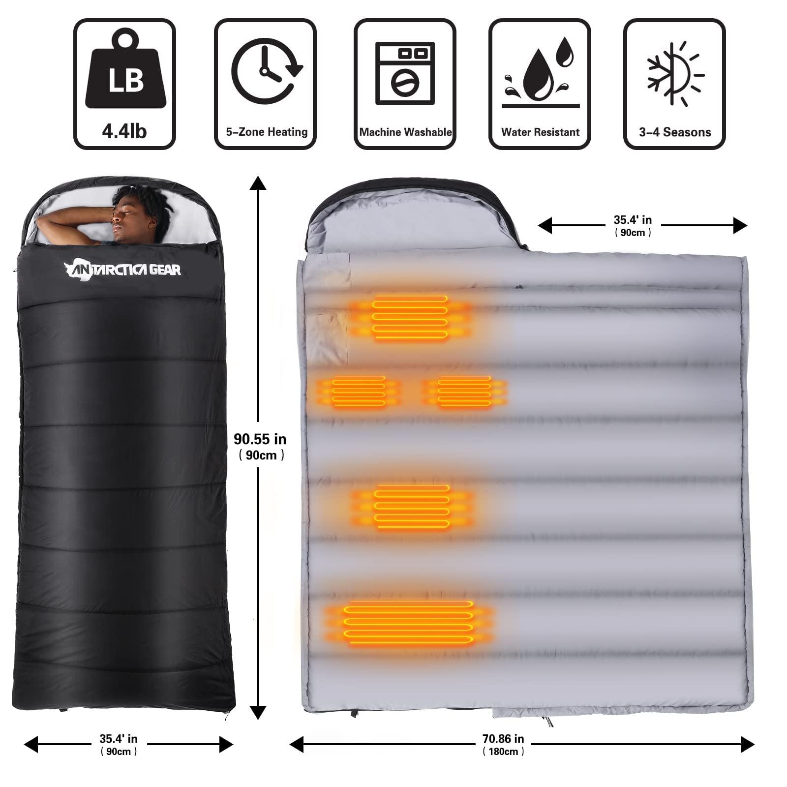 JMT-653002 Heated Sleeping Bag with 5 Heating Areas and 3 Adjustable Temperature Settings for All-Season Outdoor Use