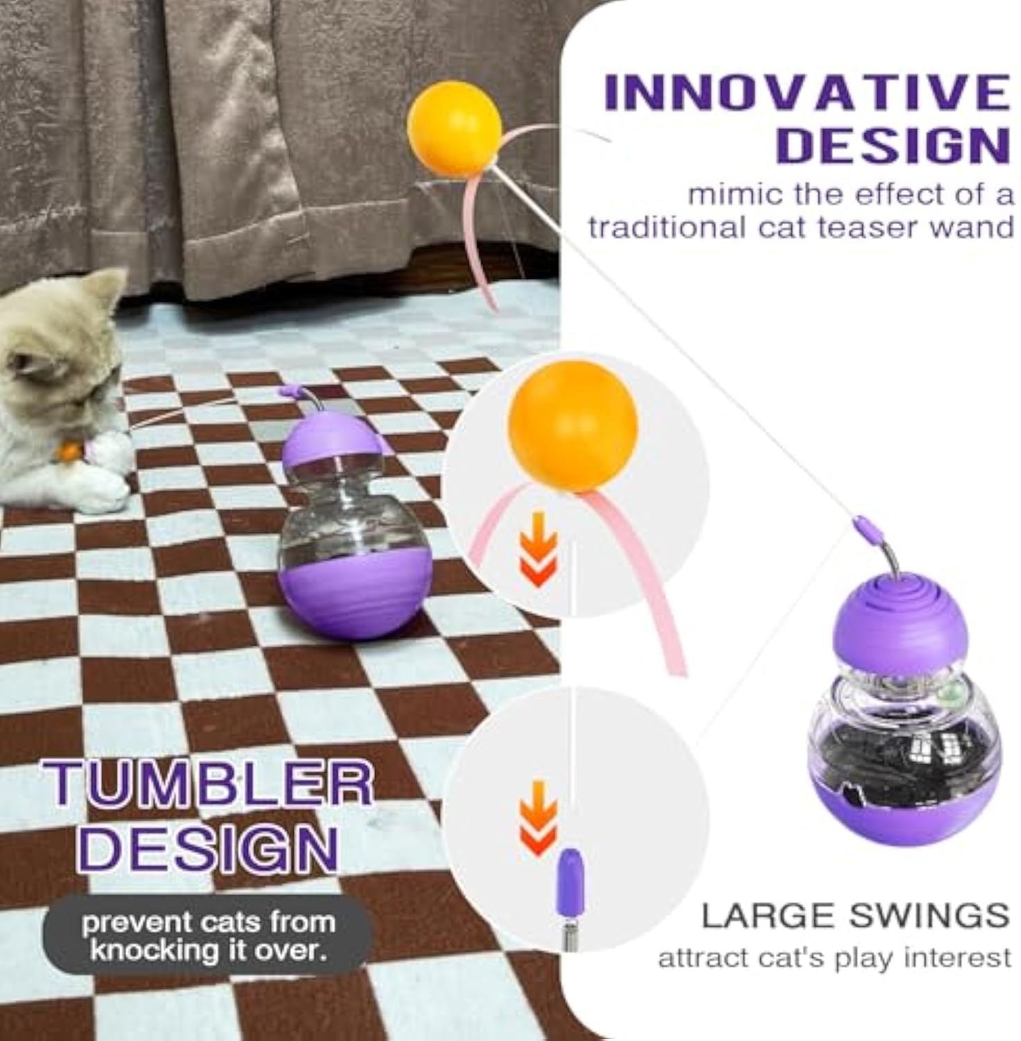 JMT-653450 Interactive Feeding and Play Toy for Cats – Wobble Rocking Design with Teaser Wand, Treat Dispenser, and Light-Up Ball