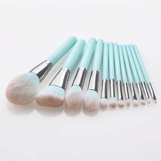 JMT-653578 Light Blue Nylon Bristle Makeup Brush Set with Wooden Handles - 12 Pieces