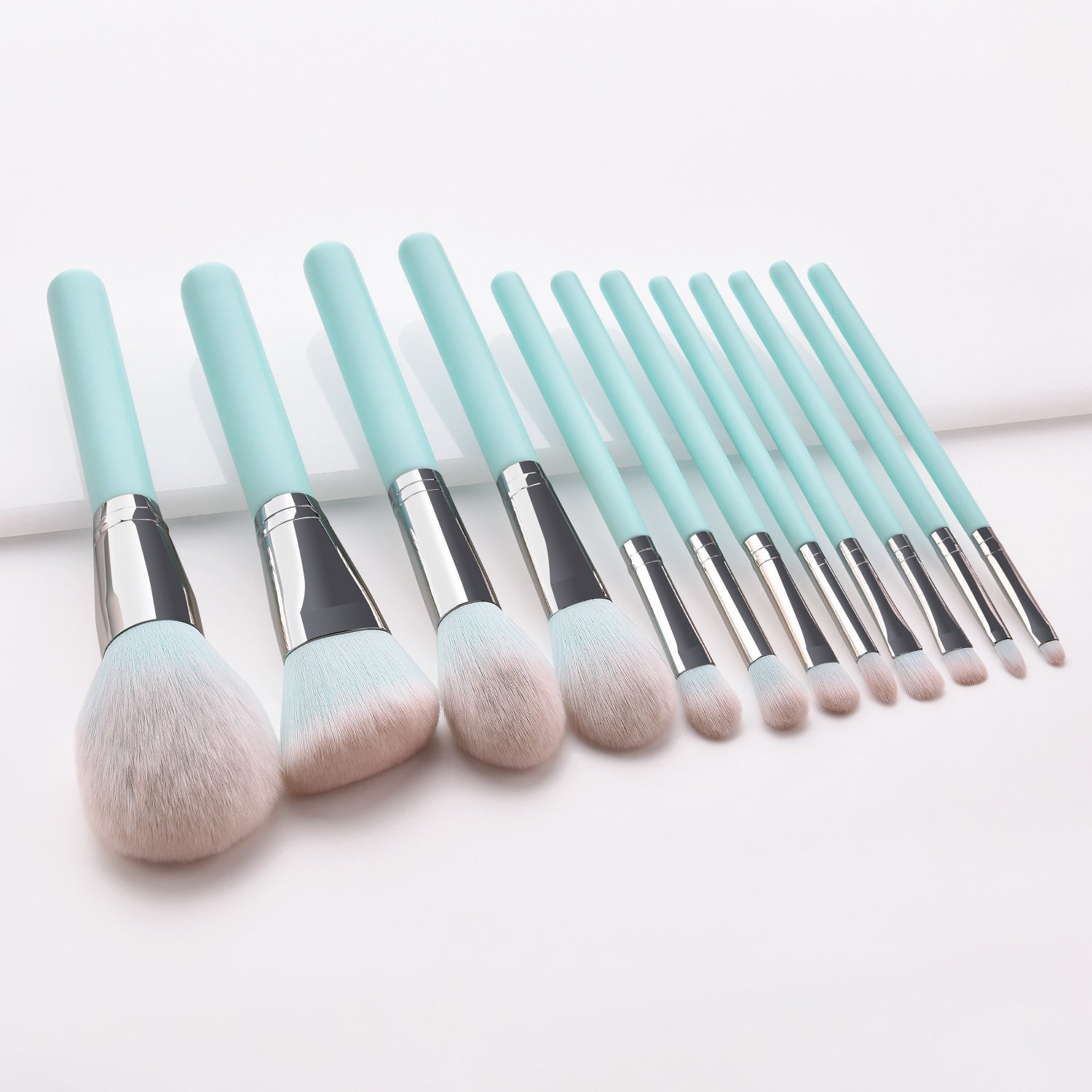 JMT-653578 Light Blue Nylon Bristle Makeup Brush Set with Wooden Handles - 12 Pieces