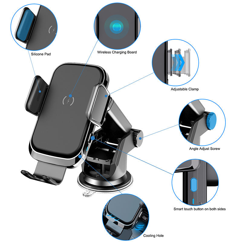 JMT-653642 Car Wireless Charger with Polyurethane PVC Suction Cup, ABS Joint Rod, and USB Output
