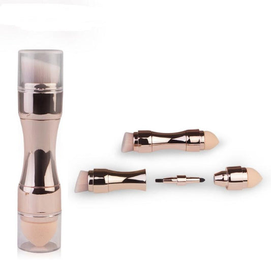 JMT-654730 4-in-1 Portable Makeup Brush Set with PBT Bristles and Latex Sponge Puff