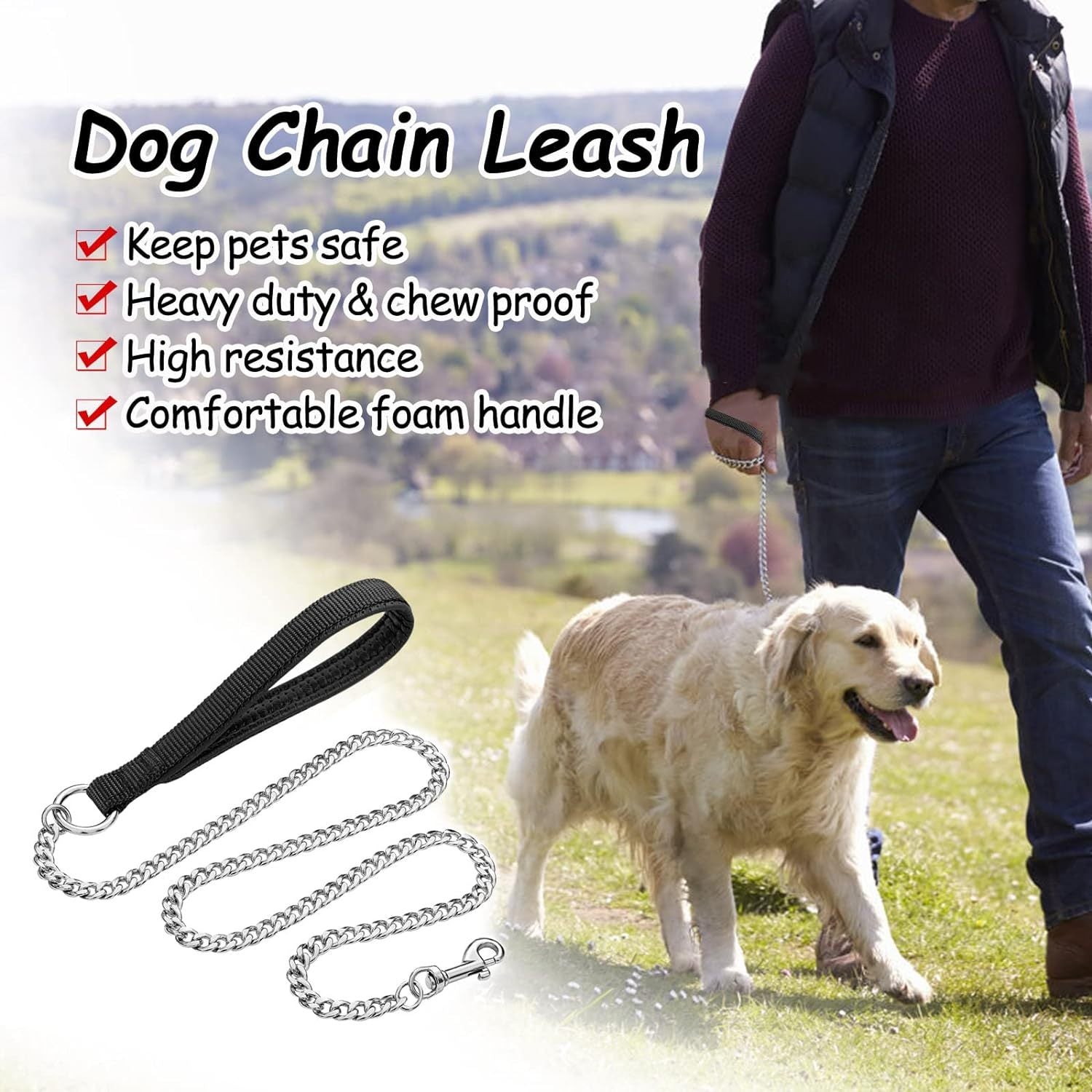 JMT-654794 Heavy-Duty Chew-Proof Metal Dog Leash with Soft Padded Handle for Large and Medium Dogs