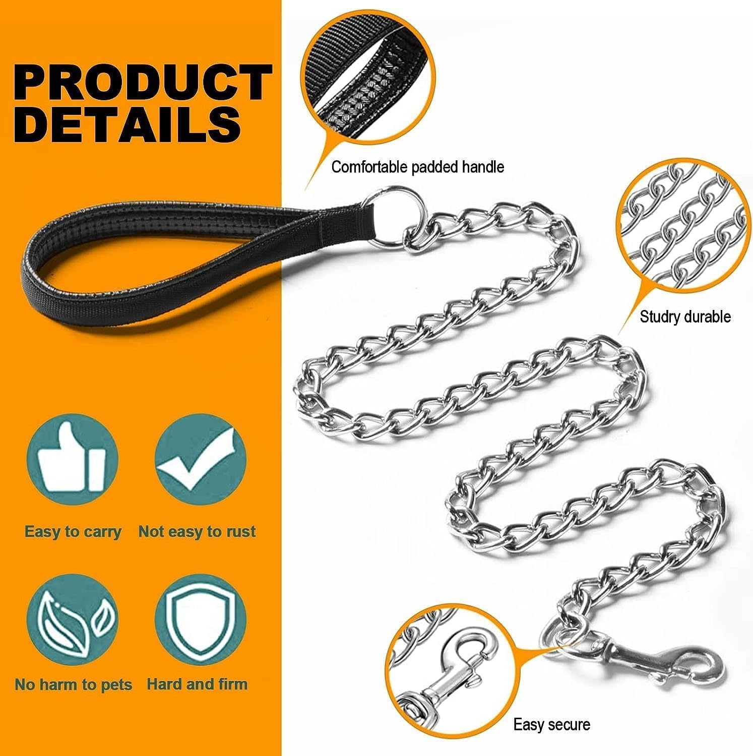 JMT-654794 Heavy-Duty Chew-Proof Metal Dog Leash with Soft Padded Handle for Large and Medium Dogs