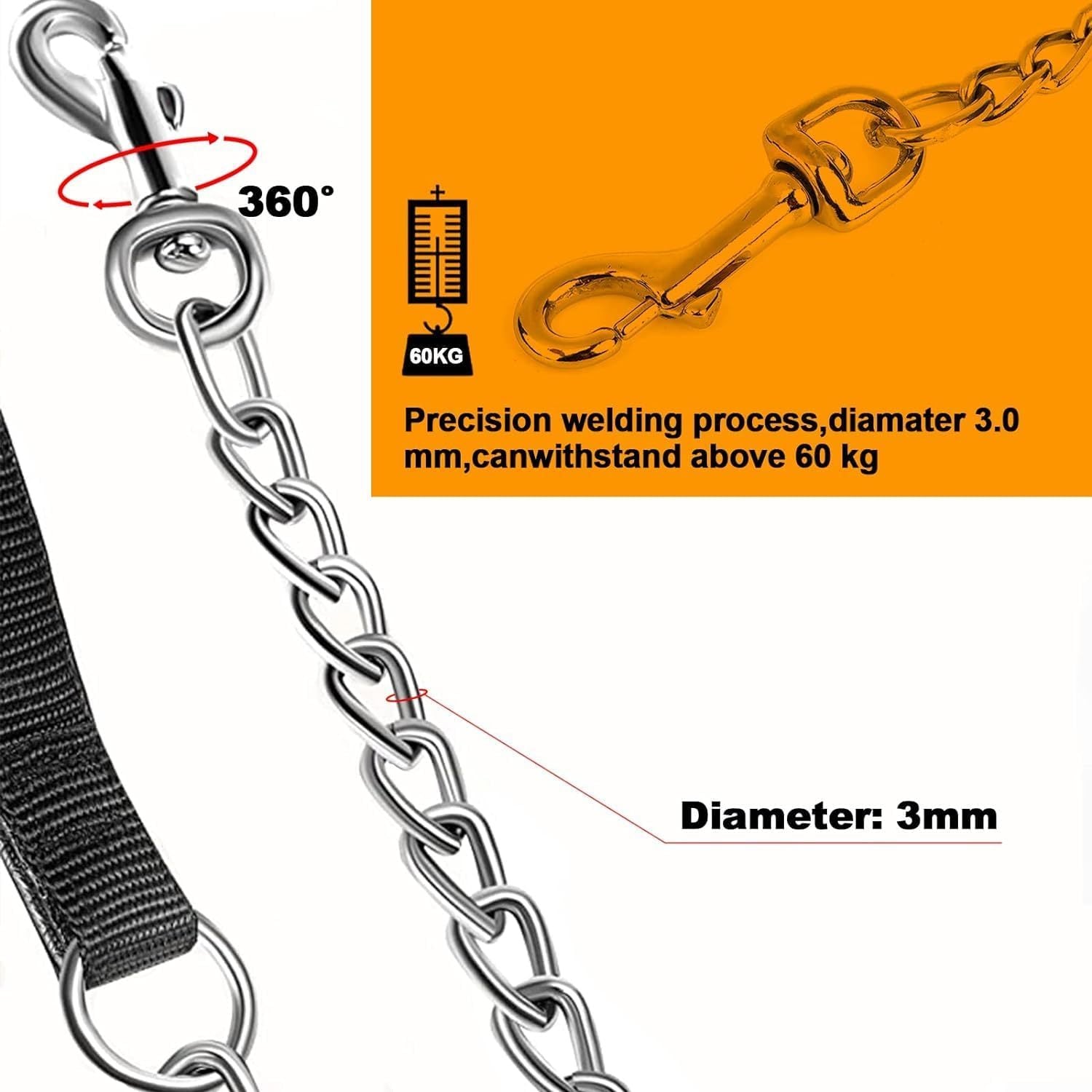 JMT-654794 Heavy-Duty Chew-Proof Metal Dog Leash with Soft Padded Handle for Large and Medium Dogs