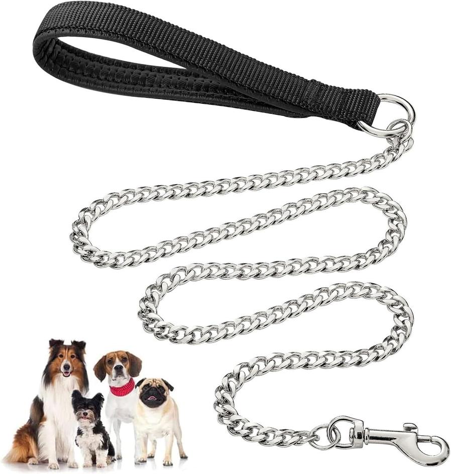 JMT-654794 Heavy-Duty Chew-Proof Metal Dog Leash with Soft Padded Handle for Large and Medium Dogs