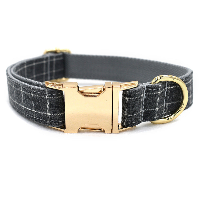 JMT-655114 Grey Plaid Dog Collar with Golden Metal Button - Adjustable Nylon Design