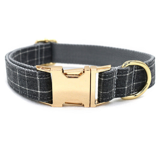 JMT-655114 Grey Plaid Dog Collar with Golden Metal Button - Adjustable Nylon Design