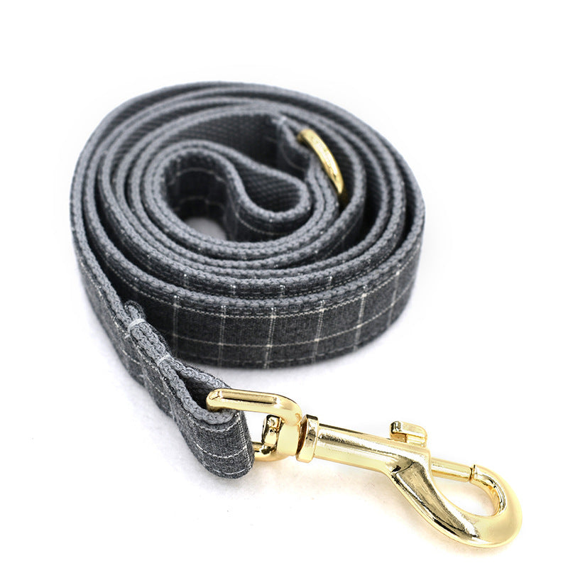 JMT-655114 Grey Plaid Dog Collar with Golden Metal Button - Adjustable Nylon Design