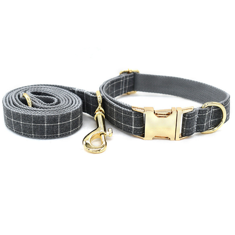 JMT-655114 Grey Plaid Dog Collar with Golden Metal Button - Adjustable Nylon Design